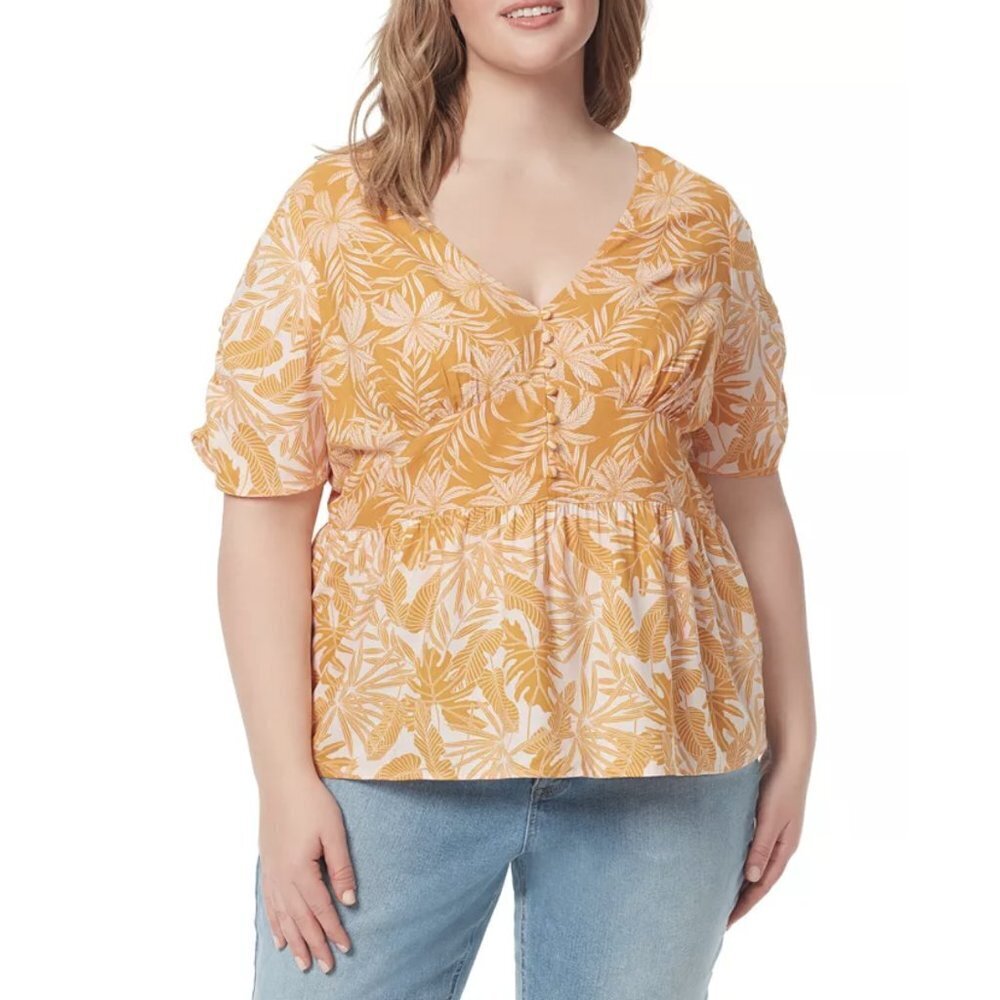 Jessica Simpson Trendy Plus Petra Button-Front Top in Palm Bliss NWT